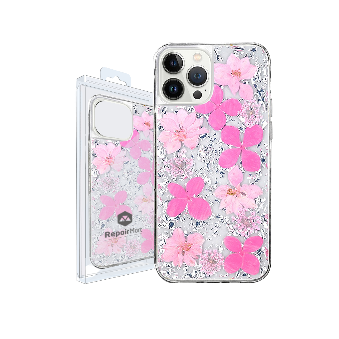 iPhone 14 Plus Compatible Case Cover With Gold Foil And Dried Flower Clear Designed - Sliver + Pink