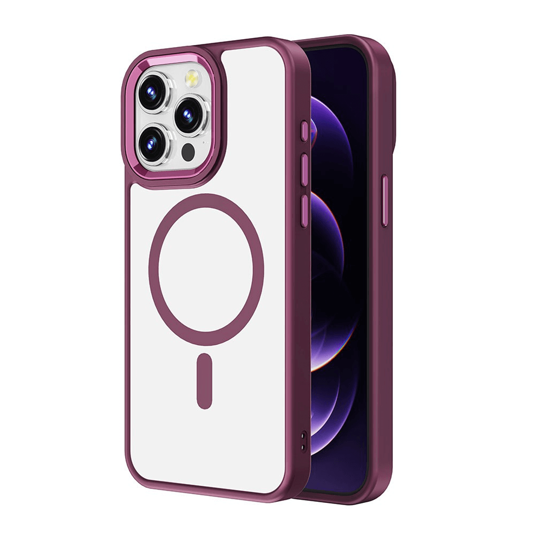 iPhone 15 Pro Max Compatible Case Cover With Transparent Magnetic Metal Camera Lens Compatible With Magsafe Technology - Wine