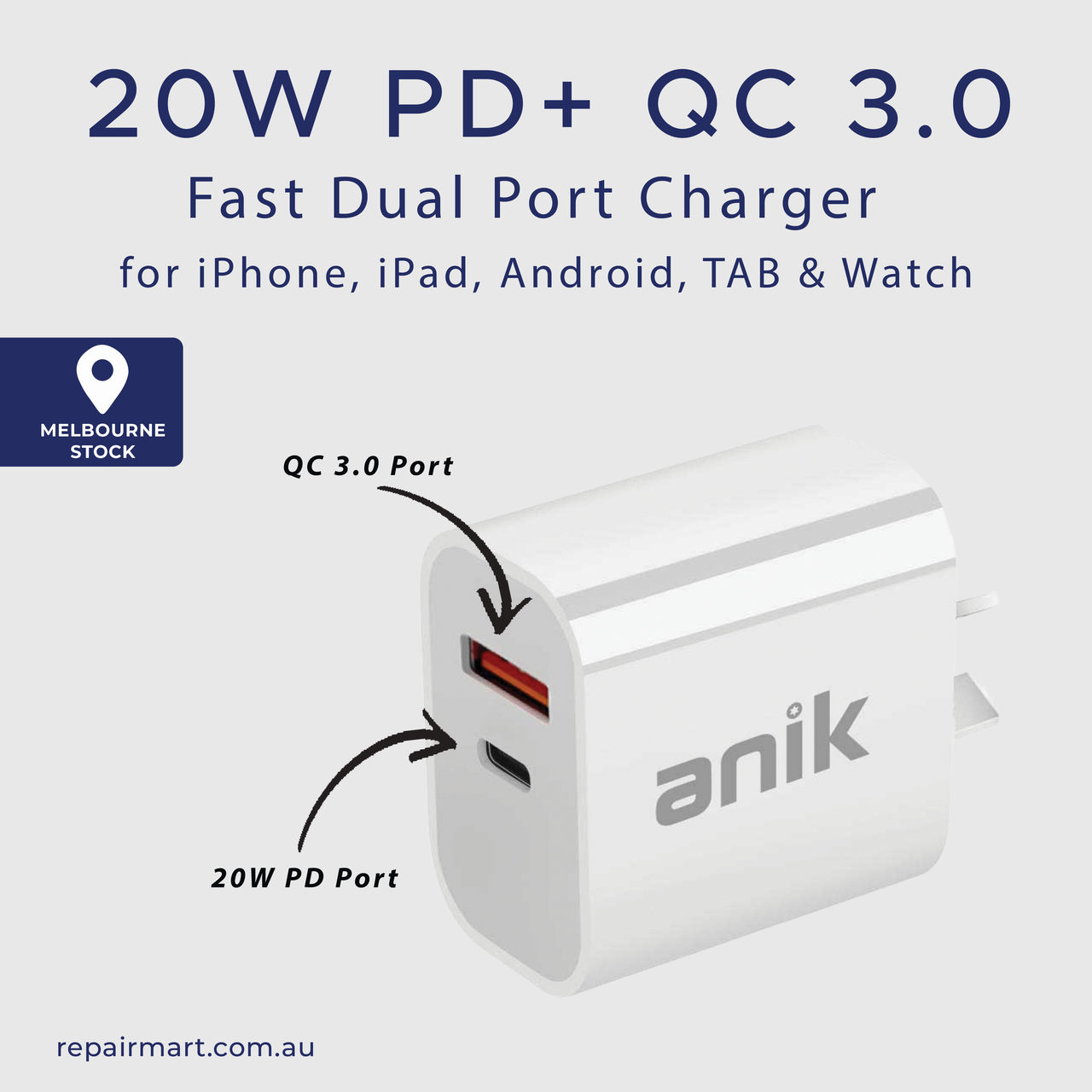 Anik 20W PD USB C Wall Charger Dual Port Fast Quick QC 3.0 Power Adapter